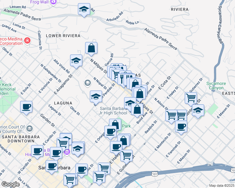 map of restaurants, bars, coffee shops, grocery stores, and more near 730 East Canon Perdido Street in Santa Barbara