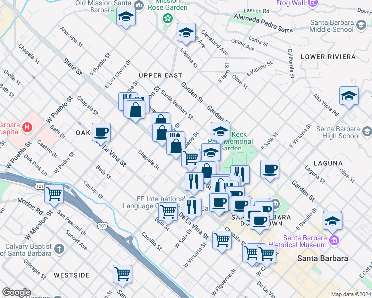 map of restaurants, bars, coffee shops, grocery stores, and more near 1634 State Street in Santa Barbara