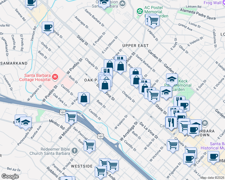 map of restaurants, bars, coffee shops, grocery stores, and more near 125 West Pedregosa Street in Santa Barbara