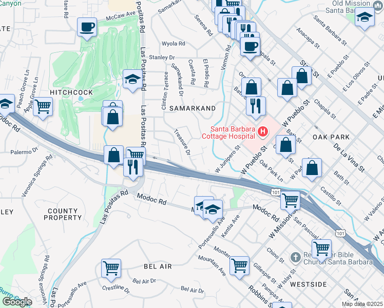 map of restaurants, bars, coffee shops, grocery stores, and more near 2519 Treasure Drive in Santa Barbara