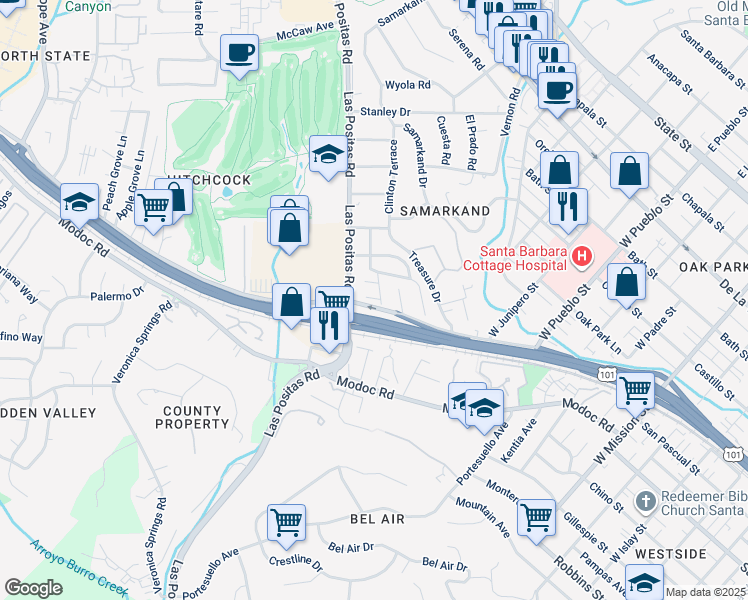 map of restaurants, bars, coffee shops, grocery stores, and more near 2626a Calle Real in Santa Barbara