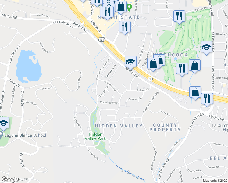 map of restaurants, bars, coffee shops, grocery stores, and more near 777 Terni Lane in Santa Barbara