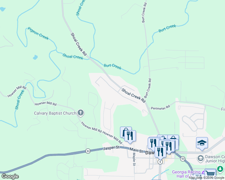 map of restaurants, bars, coffee shops, grocery stores, and more near 51 Bent Ridge Drive North in Dawsonville