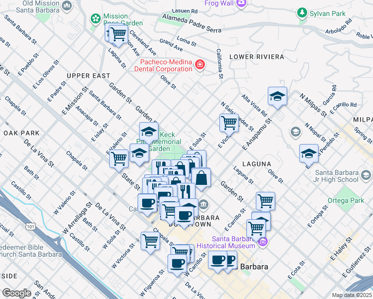 map of restaurants, bars, coffee shops, grocery stores, and more near 1406 Garden Street in Santa Barbara