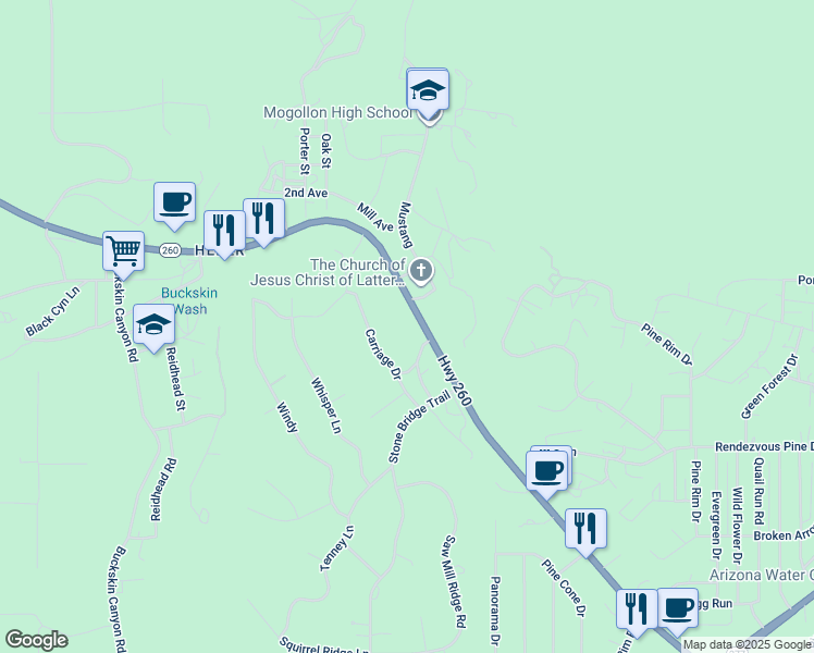 map of restaurants, bars, coffee shops, grocery stores, and more near 1877 Arizona 260 in Heber-Overgaard
