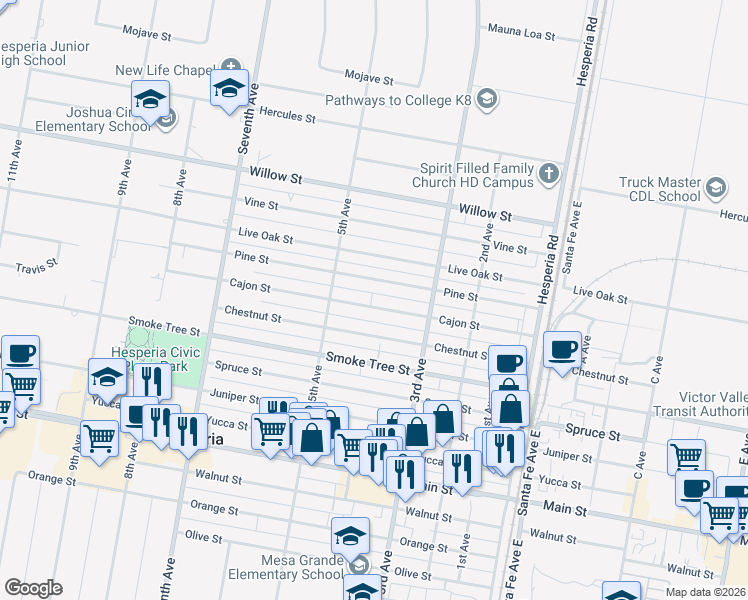 map of restaurants, bars, coffee shops, grocery stores, and more near Cajon Street in Hesperia