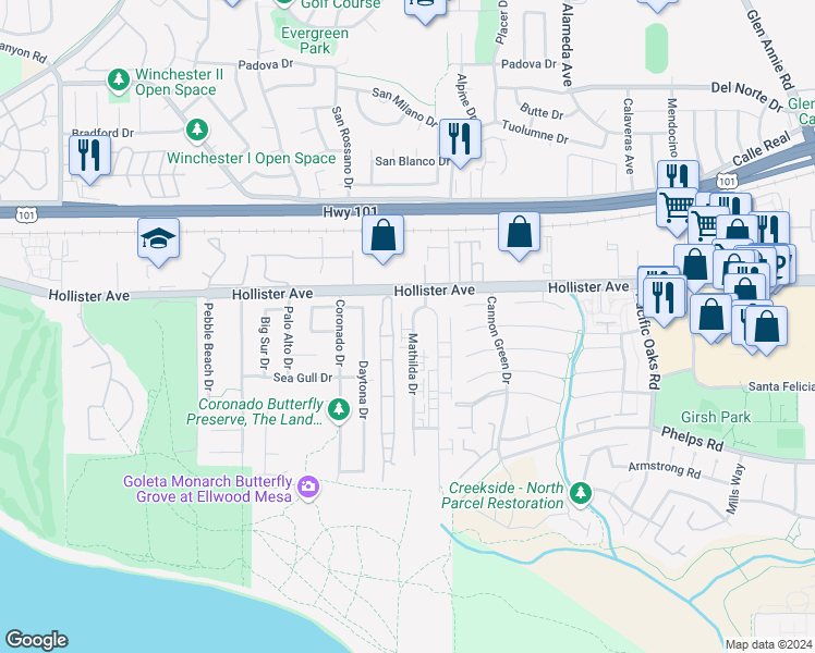 map of restaurants, bars, coffee shops, grocery stores, and more near 247 Mathilda Drive in Goleta
