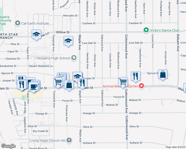 map of restaurants, bars, coffee shops, grocery stores, and more near 9802 Victor Avenue in Hesperia