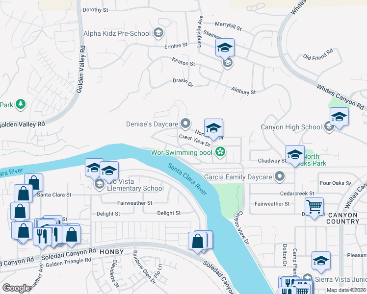 map of restaurants, bars, coffee shops, grocery stores, and more near 20087 Canyon View Drive in Santa Clarita