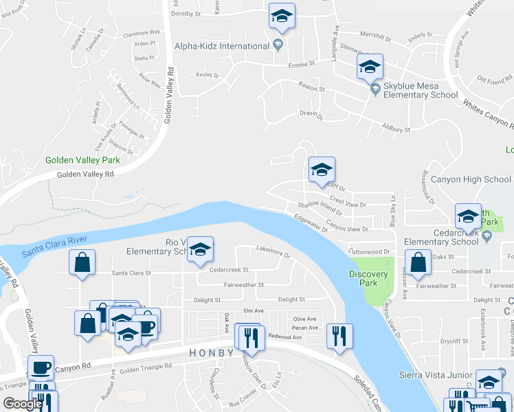 map of restaurants, bars, coffee shops, grocery stores, and more near 29005 Edgewater Drive in Santa Clarita