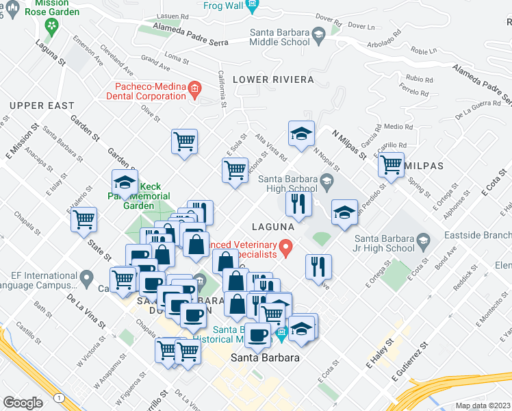 map of restaurants, bars, coffee shops, grocery stores, and more near E Anapamu St & Olive St in Santa Barbara