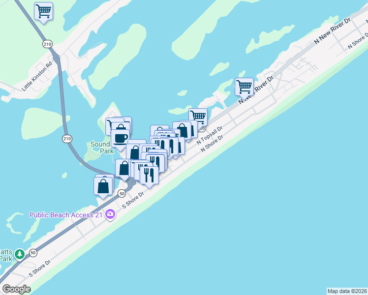 map of restaurants, bars, coffee shops, grocery stores, and more near 305 North Topsail Drive in Surf City