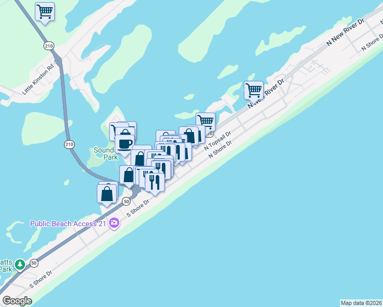 map of restaurants, bars, coffee shops, grocery stores, and more near 210 North Topsail Drive in Surf City