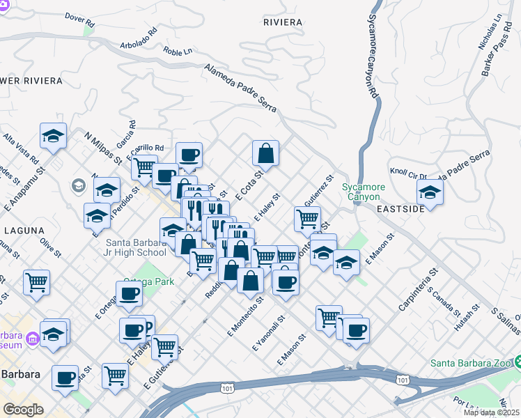 map of restaurants, bars, coffee shops, grocery stores, and more near 1101 East Haley Street in Santa Barbara