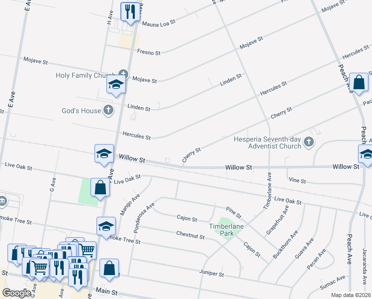 map of restaurants, bars, coffee shops, grocery stores, and more near 17798 Cherry Street in Hesperia