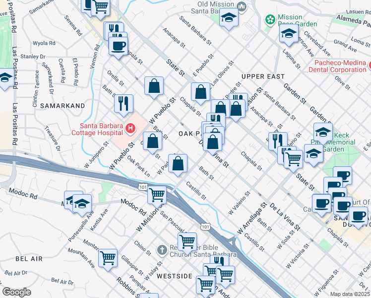 map of restaurants, bars, coffee shops, grocery stores, and more near 2034 Bath Street in Santa Barbara