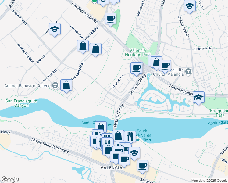 map of restaurants, bars, coffee shops, grocery stores, and more near 24147 Twin Tides Drive in Santa Clarita