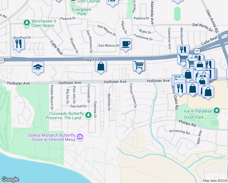 map of restaurants, bars, coffee shops, grocery stores, and more near 245 Ellwood Beach Drive in Goleta