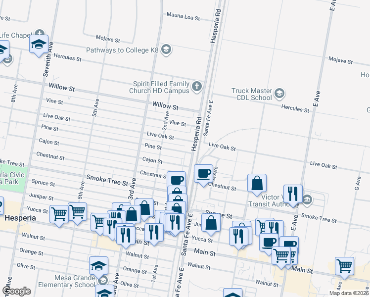 map of restaurants, bars, coffee shops, grocery stores, and more near 16580 Pine Street in Hesperia