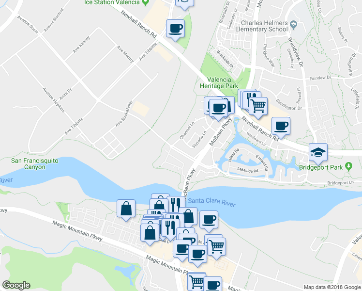 map of restaurants, bars, coffee shops, grocery stores, and more near 24147 Twin Tides Drive in Santa Clarita