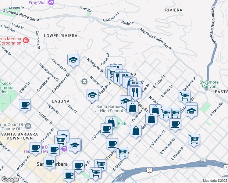map of restaurants, bars, coffee shops, grocery stores, and more near 725 1/2 North Milpas Street in Santa Barbara