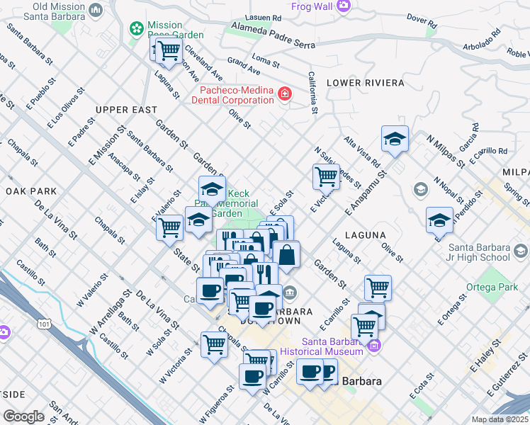 map of restaurants, bars, coffee shops, grocery stores, and more near 220 East Sola Street in Santa Barbara