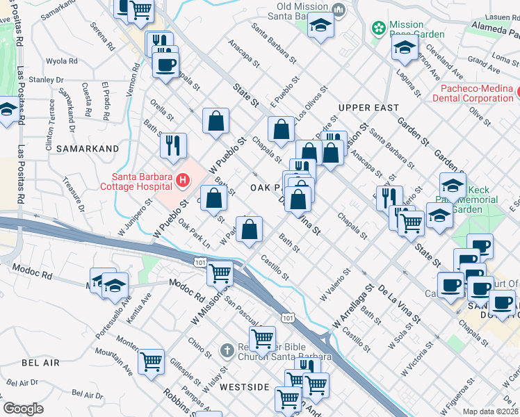 map of restaurants, bars, coffee shops, grocery stores, and more near 311 West Padre Street in Santa Barbara