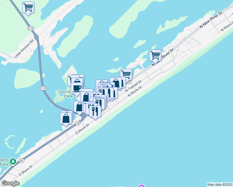 map of restaurants, bars, coffee shops, grocery stores, and more near 210 North Topsail Drive in Surf City