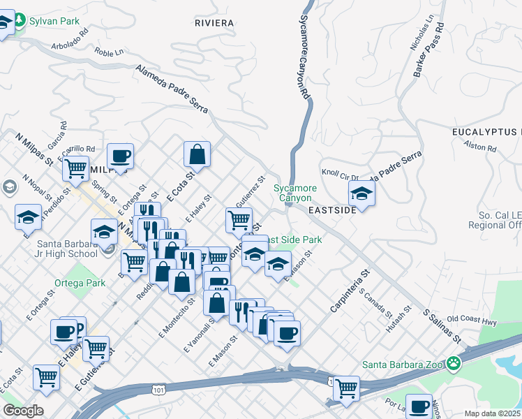 map of restaurants, bars, coffee shops, grocery stores, and more near 312 Mellifont Avenue in Santa Barbara