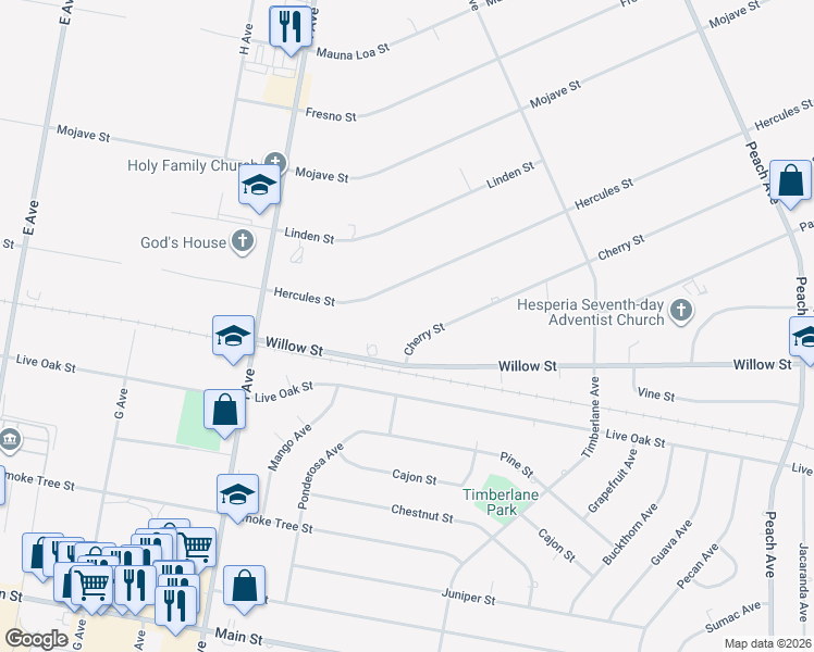 map of restaurants, bars, coffee shops, grocery stores, and more near 17798 Cherry Street in Hesperia