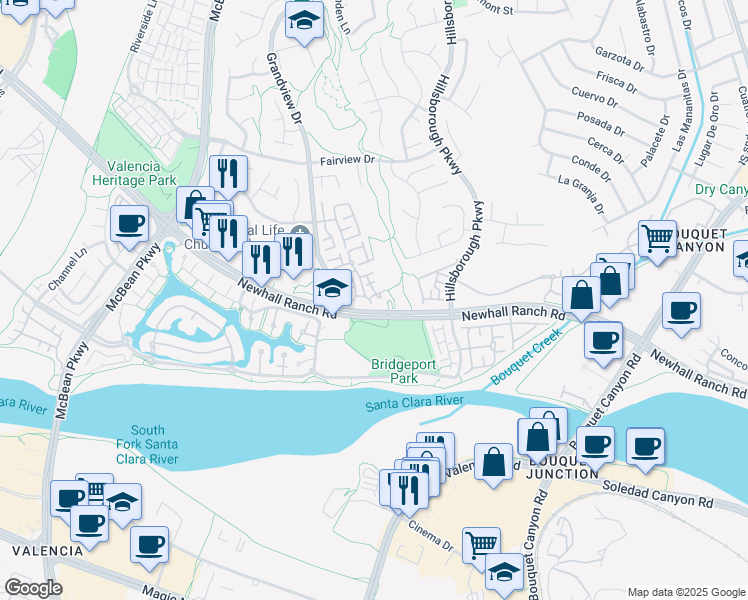 map of restaurants, bars, coffee shops, grocery stores, and more near 23617 Big Horn Walk in Santa Clarita