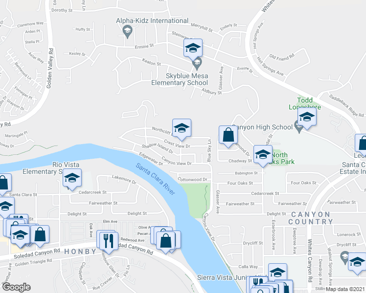 map of restaurants, bars, coffee shops, grocery stores, and more near 20015 Crestview Dr in Santa Clarita