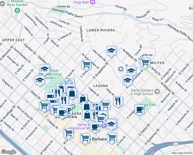 map of restaurants, bars, coffee shops, grocery stores, and more near 508 East Anapamu Street in Santa Barbara