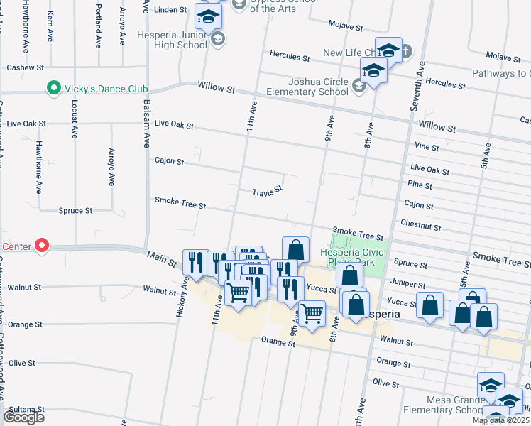 map of restaurants, bars, coffee shops, grocery stores, and more near 15620 Smoke Tree Street in Hesperia