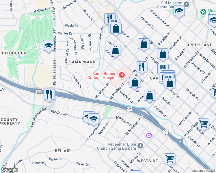 map of restaurants, bars, coffee shops, grocery stores, and more near 540 West Pueblo Street in Santa Barbara