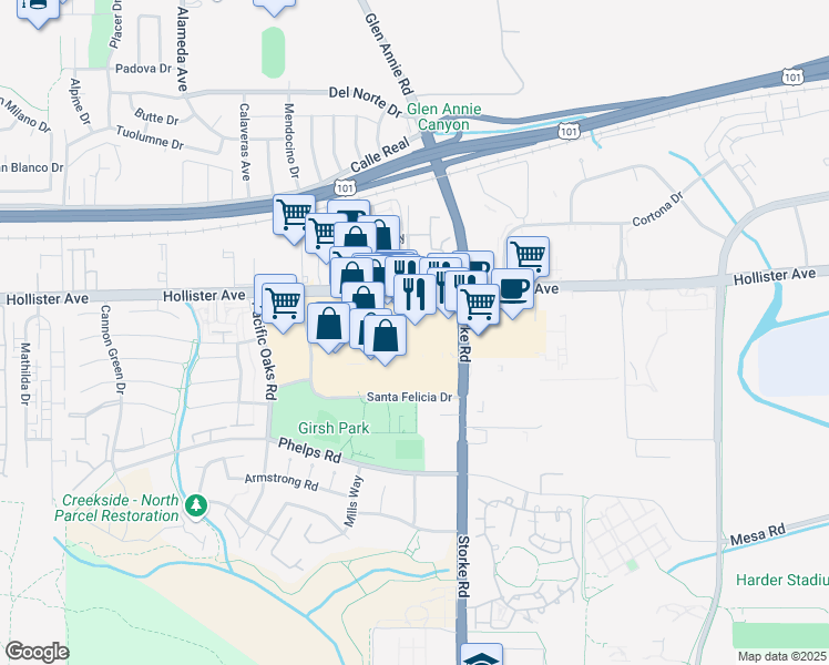 map of restaurants, bars, coffee shops, grocery stores, and more near 7015 Market Place Drive in Goleta