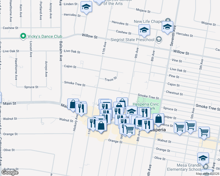map of restaurants, bars, coffee shops, grocery stores, and more near 15620 Smoke Tree Street in Hesperia