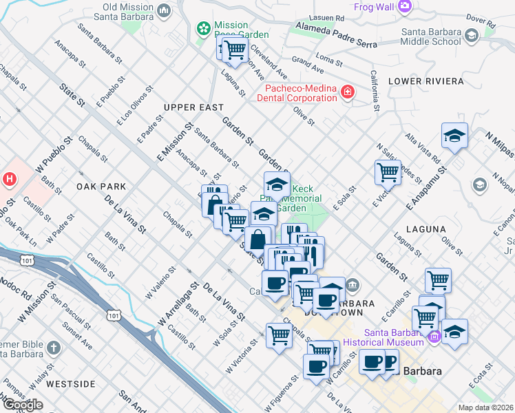 map of restaurants, bars, coffee shops, grocery stores, and more near 111 East Arrellaga Street in Santa Barbara