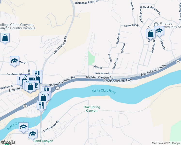 map of restaurants, bars, coffee shops, grocery stores, and more near 15845 Rosehaven Lane in Santa Clarita