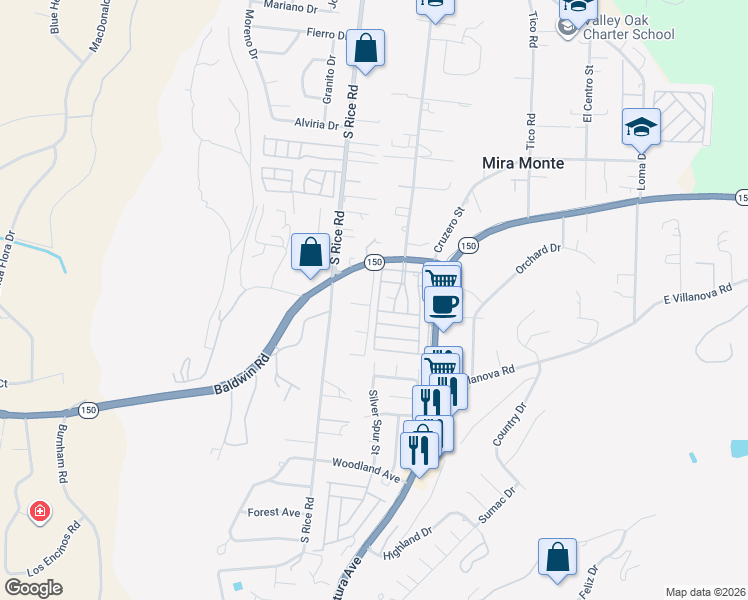 map of restaurants, bars, coffee shops, grocery stores, and more near 16 Don Antonio Way in Ojai