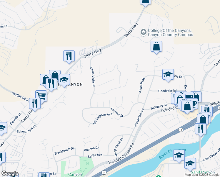 map of restaurants, bars, coffee shops, grocery stores, and more near 17268 Sierra Sunrise Lane in Santa Clarita
