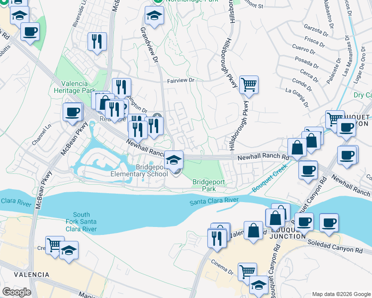 map of restaurants, bars, coffee shops, grocery stores, and more near 27032 North Wolf Creek Trail in Santa Clarita