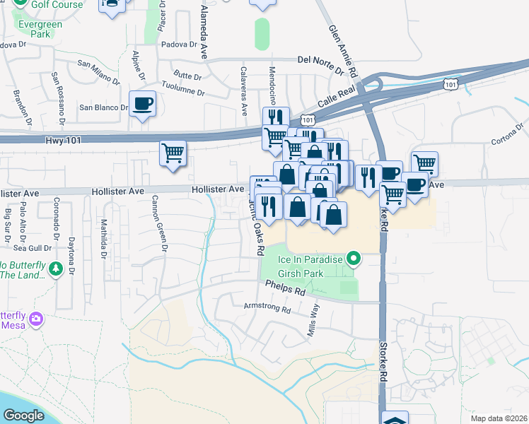 map of restaurants, bars, coffee shops, grocery stores, and more near 7127 Hollister Avenue in Goleta