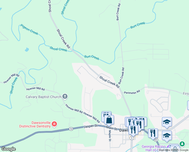 map of restaurants, bars, coffee shops, grocery stores, and more near 28 Bent Ridge Drive North in Dawsonville