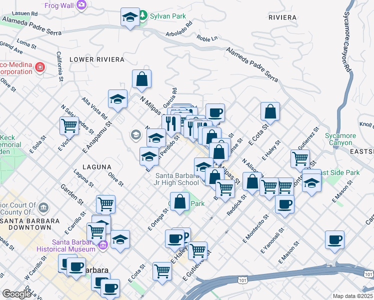 map of restaurants, bars, coffee shops, grocery stores, and more near 810 North Milpas Street in Santa Barbara