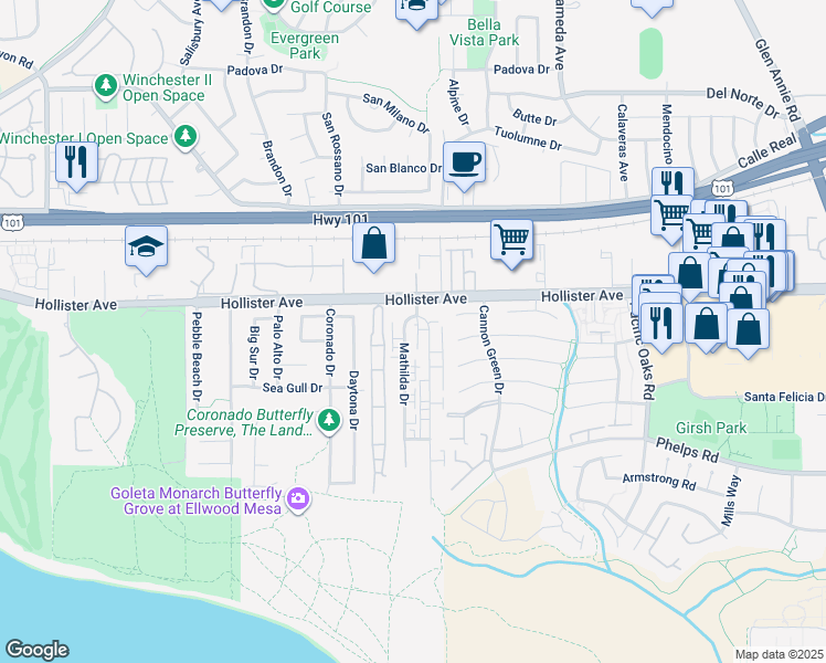 map of restaurants, bars, coffee shops, grocery stores, and more near 224 Ellwood Beach Drive in Goleta