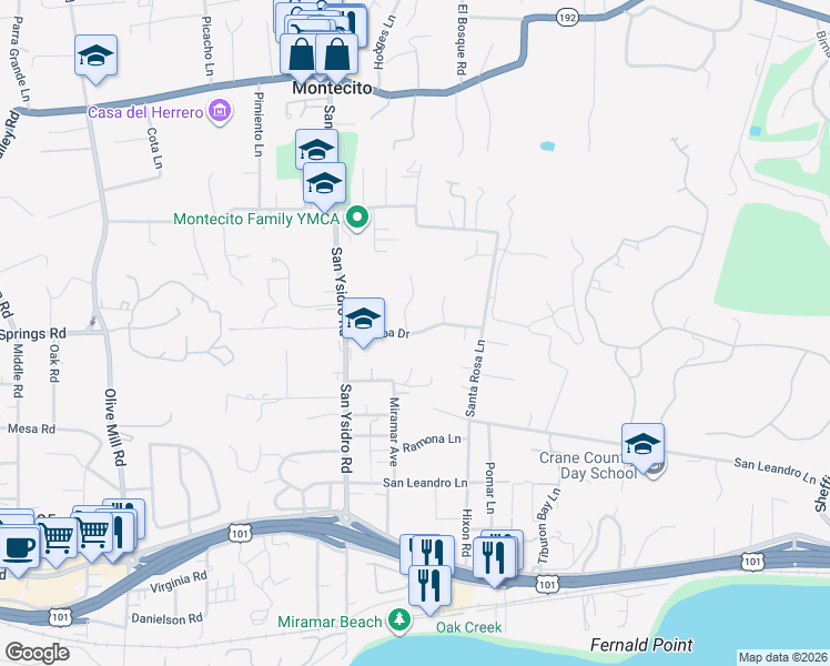 map of restaurants, bars, coffee shops, grocery stores, and more near Sinaloa Drive in Montecito