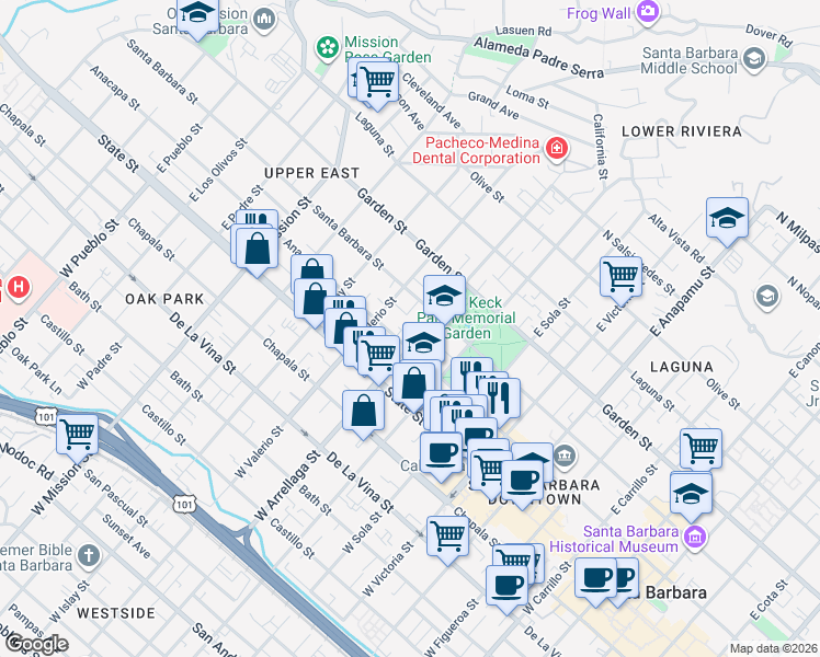 map of restaurants, bars, coffee shops, grocery stores, and more near 111 East Arrellaga Street in Santa Barbara