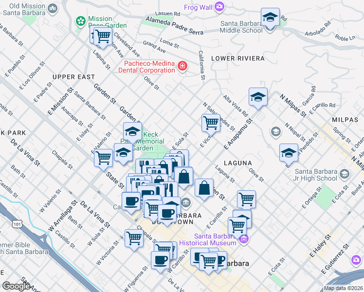 map of restaurants, bars, coffee shops, grocery stores, and more near 331 East Sola Street in Santa Barbara