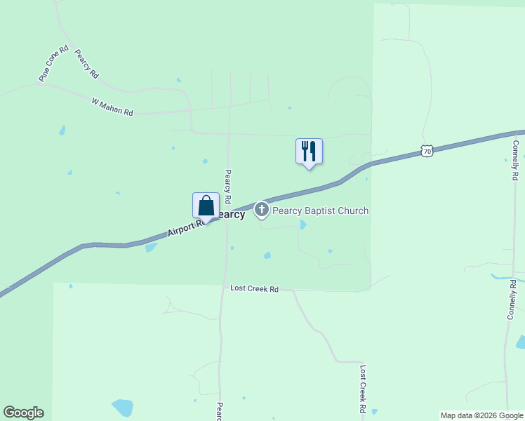map of restaurants, bars, coffee shops, grocery stores, and more near 107 Pearcy Church Place in Pearcy